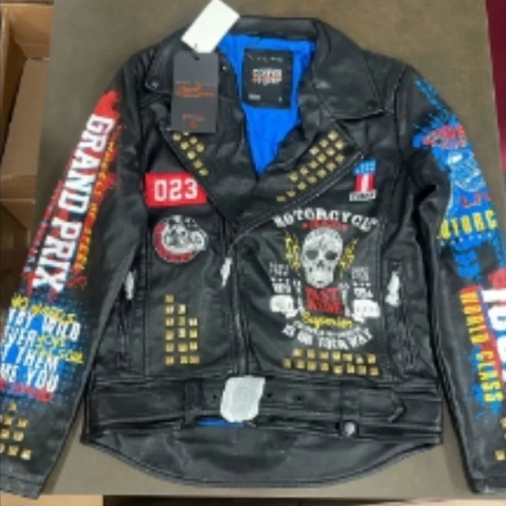 Copper Rivet Black Leather Bomber Jacket with Removable Faux Fur Collar - Picture 3 of 4